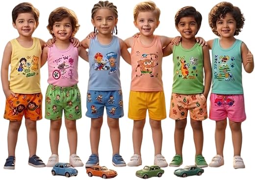 GSXMOL Coloured Junior Regular Fit Cotton Printed Sleevless Baniyan/Vest/Sando Innerwear for Kids/Boys Pack of 6
