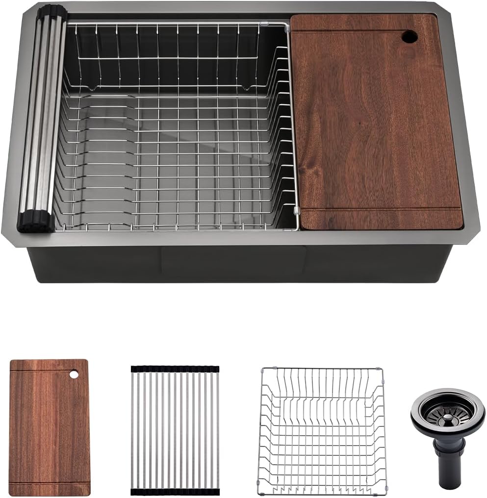 (similar) 30 Undermount Black Kitchen Sink Workstation, Gabhar 30"x19" 16Gauge Black Stainless Steel Undermount Workstation Kitchen Sinks with Offset Drain