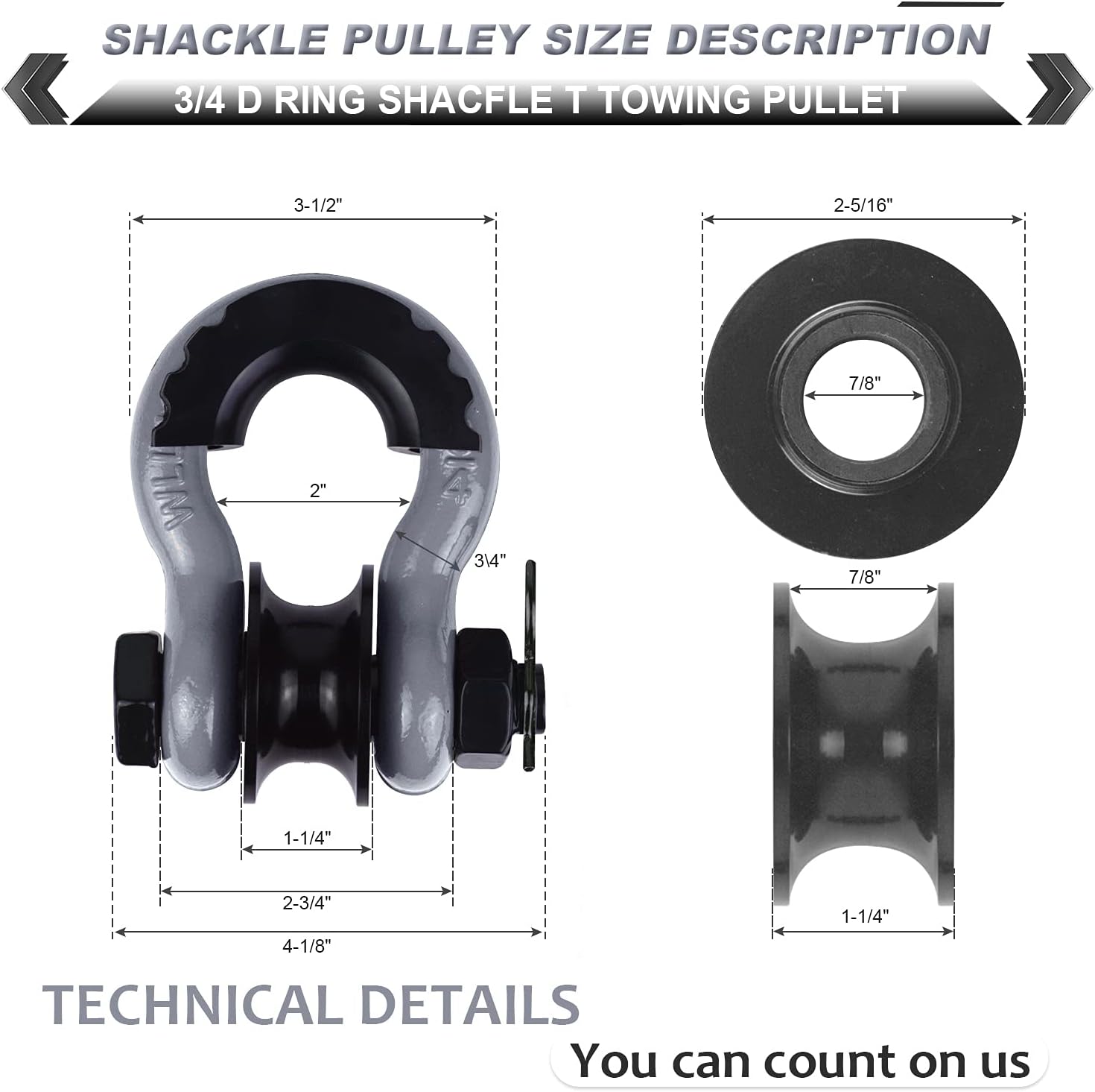 Upgraded Snatch Block, 3/4" D Ring Shackle (2 Pack) 22,000lb Break Strength with Towing Pulley, Heavy Duty Offroad Recovery Accessory for Truck, Tractor, ATV & UTV - Gray