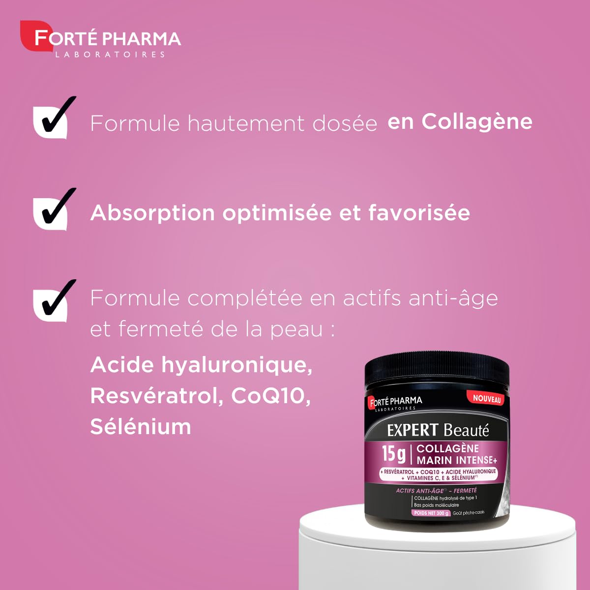 Forté Pharma Complément beauté Expert Collagène Marin Intense Anti Âge 300g | Raffermit la peau, Collagène marin 15 g, Acide hyaluronique, CoQ10, Resvératrol, améliore l'élasticité et l'éclat, 20 jours