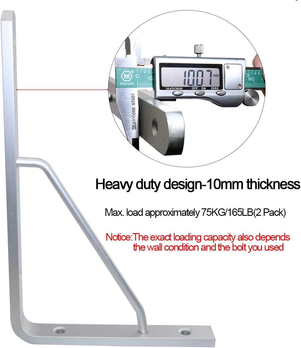 Boeray 2 Pack 10" Aluminum Alloy Shelf Bracket 90 Degree Angle Heavy Duty Max. Load 165 lb Wall Floating Shelves Tripod Triangle with 8pcs Mounting Bolt