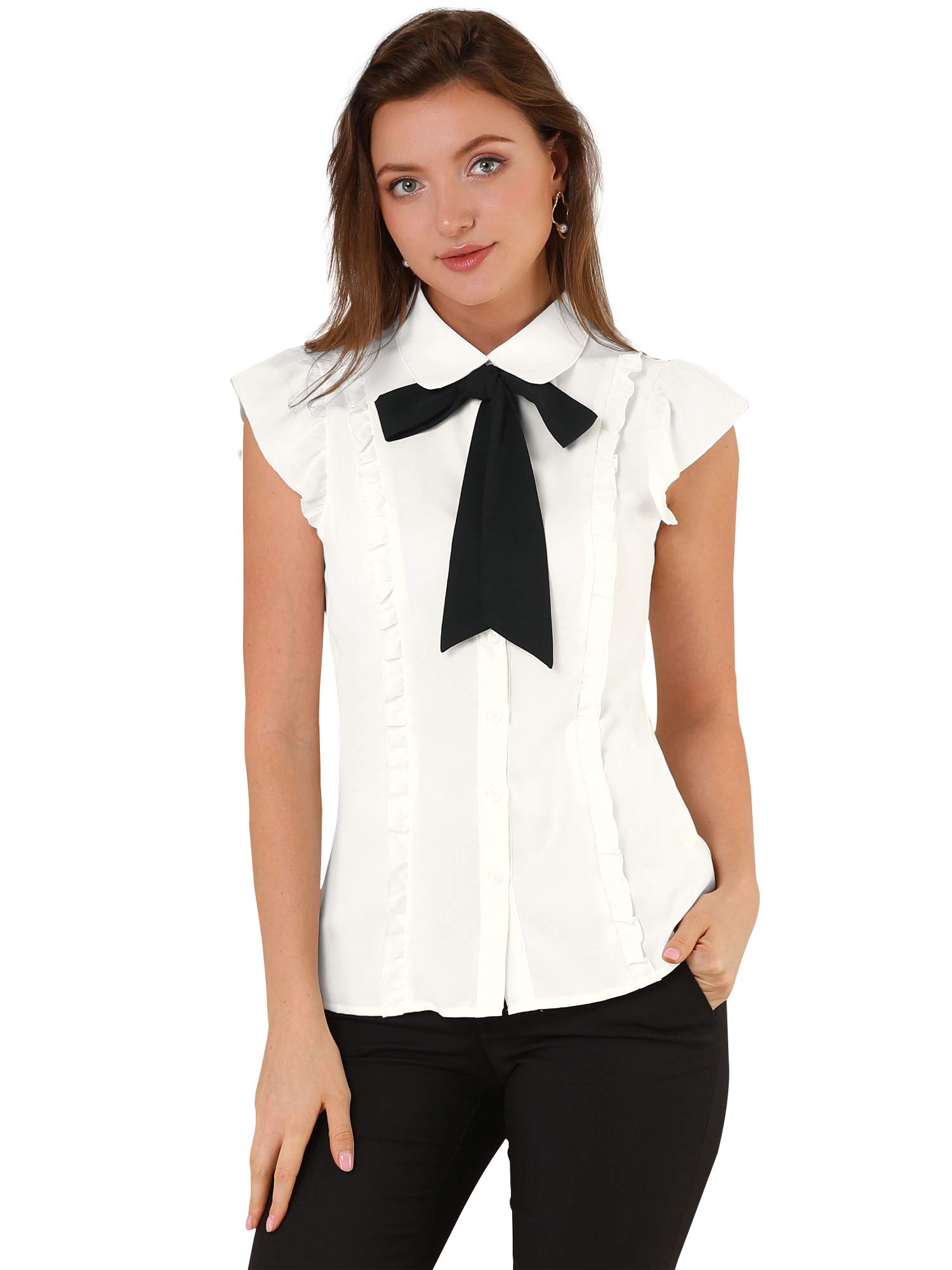 Allegra K Camisa De Cuello Peter Pan De Gasa con Botones Y Pajarita De Manga Corta con Volantes para Mujer