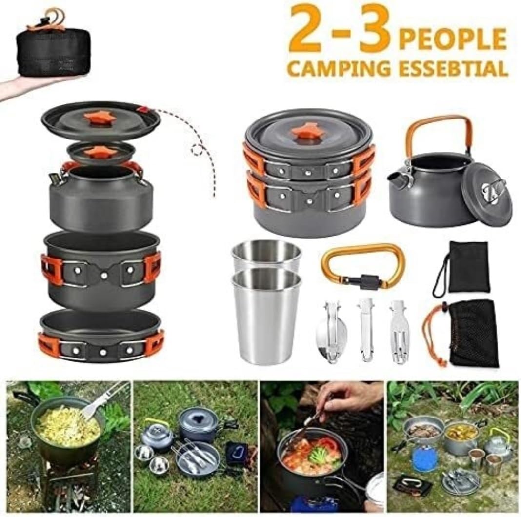 Campeggio Pentole Kit Di Pentole Da Campeggio Set Da Cucina In Alluminio Per Esterni Per 2 O 3 Persone Padelle Da Campeggio Pieghevoli Antiaderenti Trekking Escursione ( Color : Oranje , Size : 9pcs )