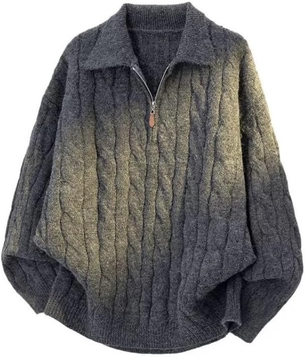 Mens Polo Collar Half Zip Cable Knit Sweater Classic Simple Comfortable Loose Fit Sweaters
