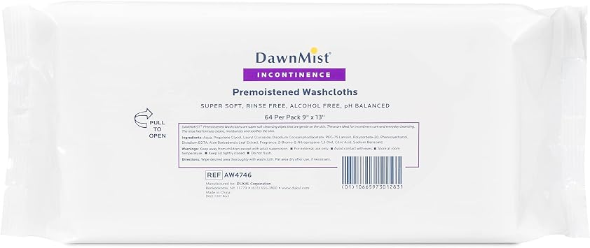 Dukal DawnMist Pre-Moistened Adult Washcloths, 9" x 13", 12 Packs of 64 768 Total Soft, Disposable, Non-Sterile Wipes Hypoallergenic & Gentle for Personal Hygiene or Caregiving