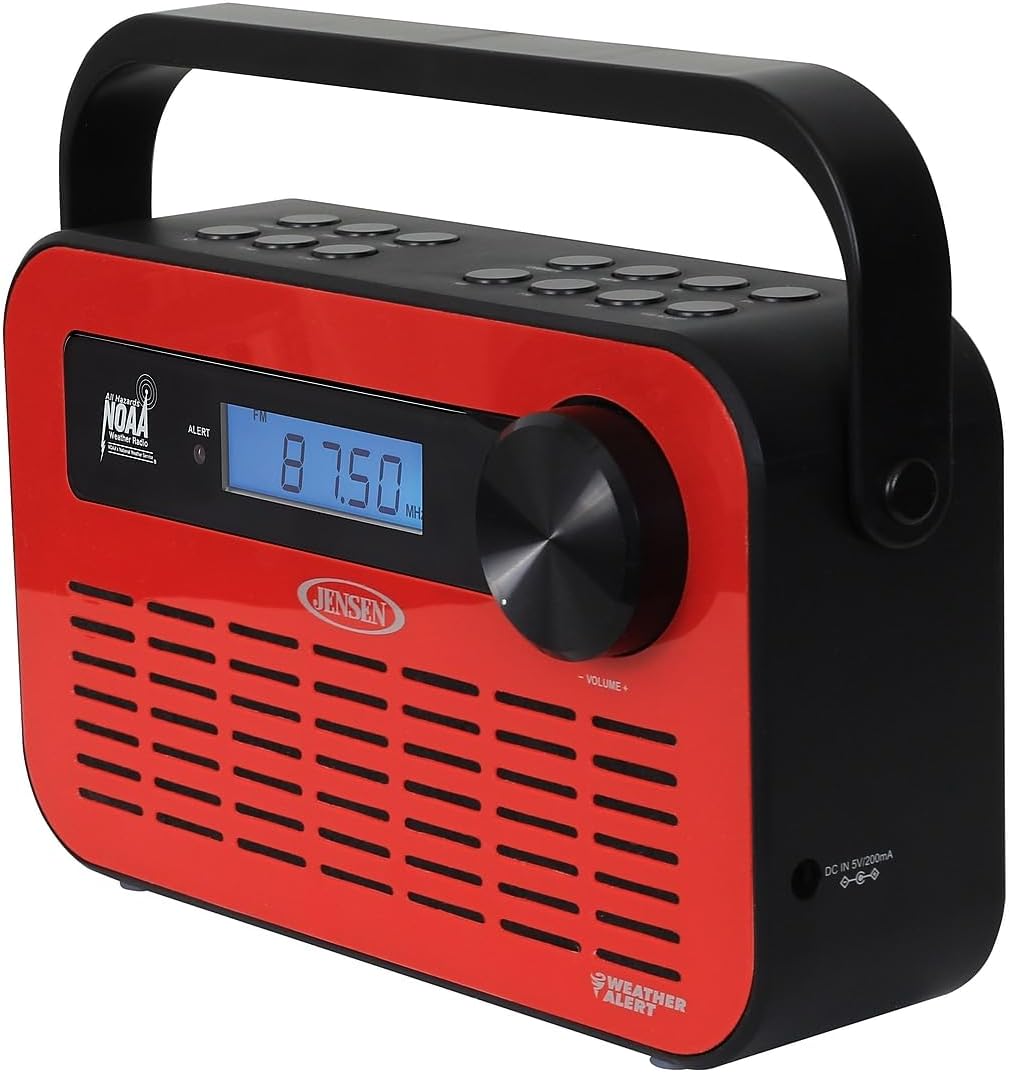 JENSEN JEP-250 Portable Digital AM/FM Weather Radio with Weather Alert and 2-Way Charging, Red, JEP-250