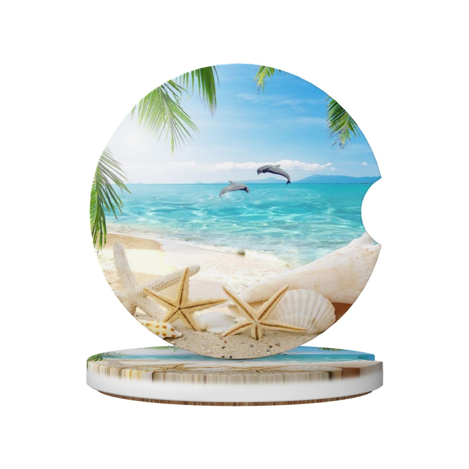 Starfish Beach Sea Palms Printed, Car Cup Holder Coasters 2 Pack, Absorbent Ceramic Car Coasters with Non Slip Cork Base