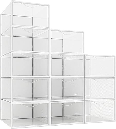 Miniatura 2 de Paquete de 12 cubos de almacenamiento de zapatos, organizador de zapatos apilable de plástico transparente para armario, zapatero plegable que