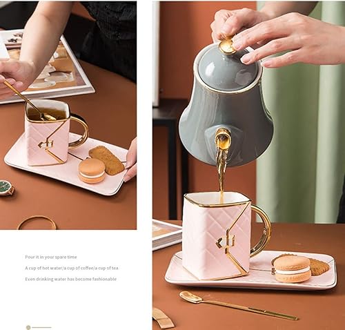 Miniatura 4 de LmlJoo Taza creativa y adorable en forma de bolso con platillo y cuchara dorada para disfrutar del té, jugo, leche, chocolate caliente o capuchino