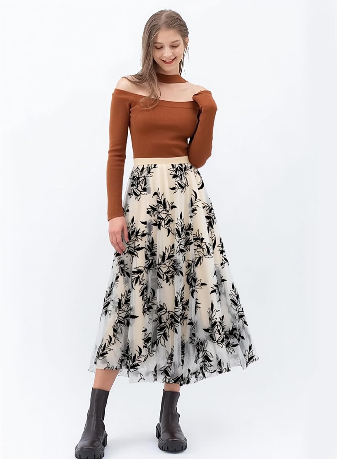 Flygo Women's Midi Long Tulle Skirts Dressy Casual Elegant A-Line Elastic Waist Foliage Embroidery Mesh Skirt - Image 2