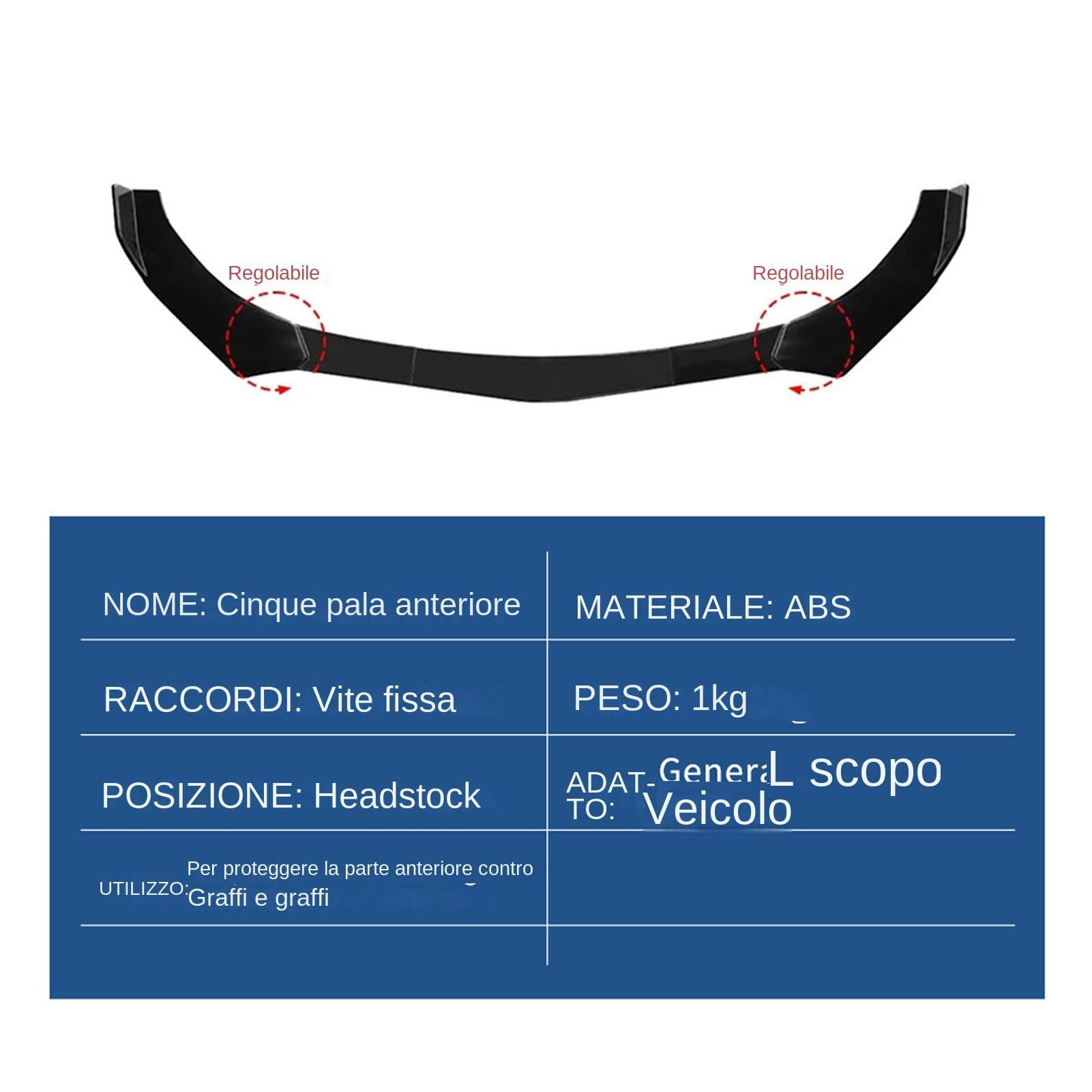 Labbro Paraurti Anteriore Nero Regolabile - Splitter Per Auto