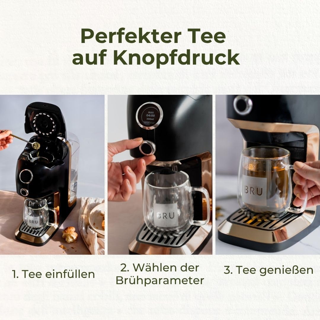 BRU Teeautomat für losen Tee, Kräuter & Teebeutel – Heißwasserspender & Teemaschine in einem, ohne Kapseln, filtriertes Wasser auf Knopfdruck, automatisches Reinigungssystem