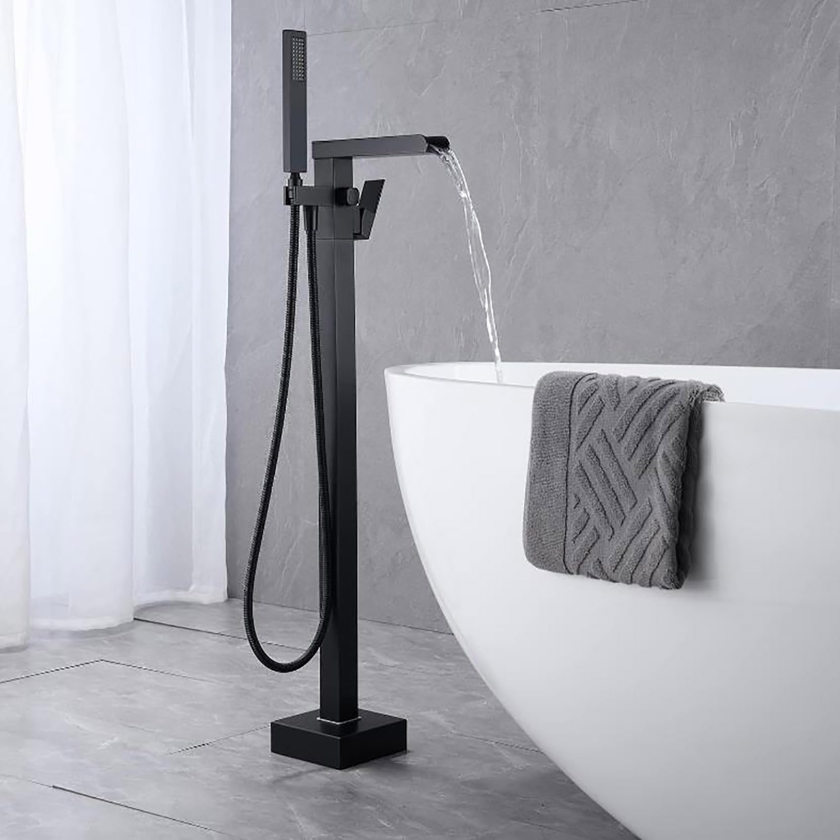 Grifo de bañera en Cascada de Alto caudal, Grifo de bañera Independiente, Grifo de baño Monomando de latón con Ducha de Mano, Grifo de baño con Ducha de Mano, Grifo de baño Negro Mate