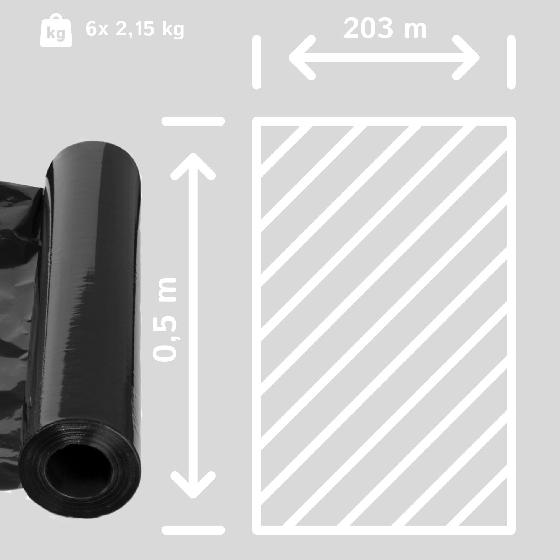 Stretchfolie Schwarz 50 cm mit Abroller - Set mit 6 Stück Verpackungsmaterial und Gleithülse für Stretch - Verpackungsfolie 203m mit Strechfolienrolle Abroller für Lagerarbeiten