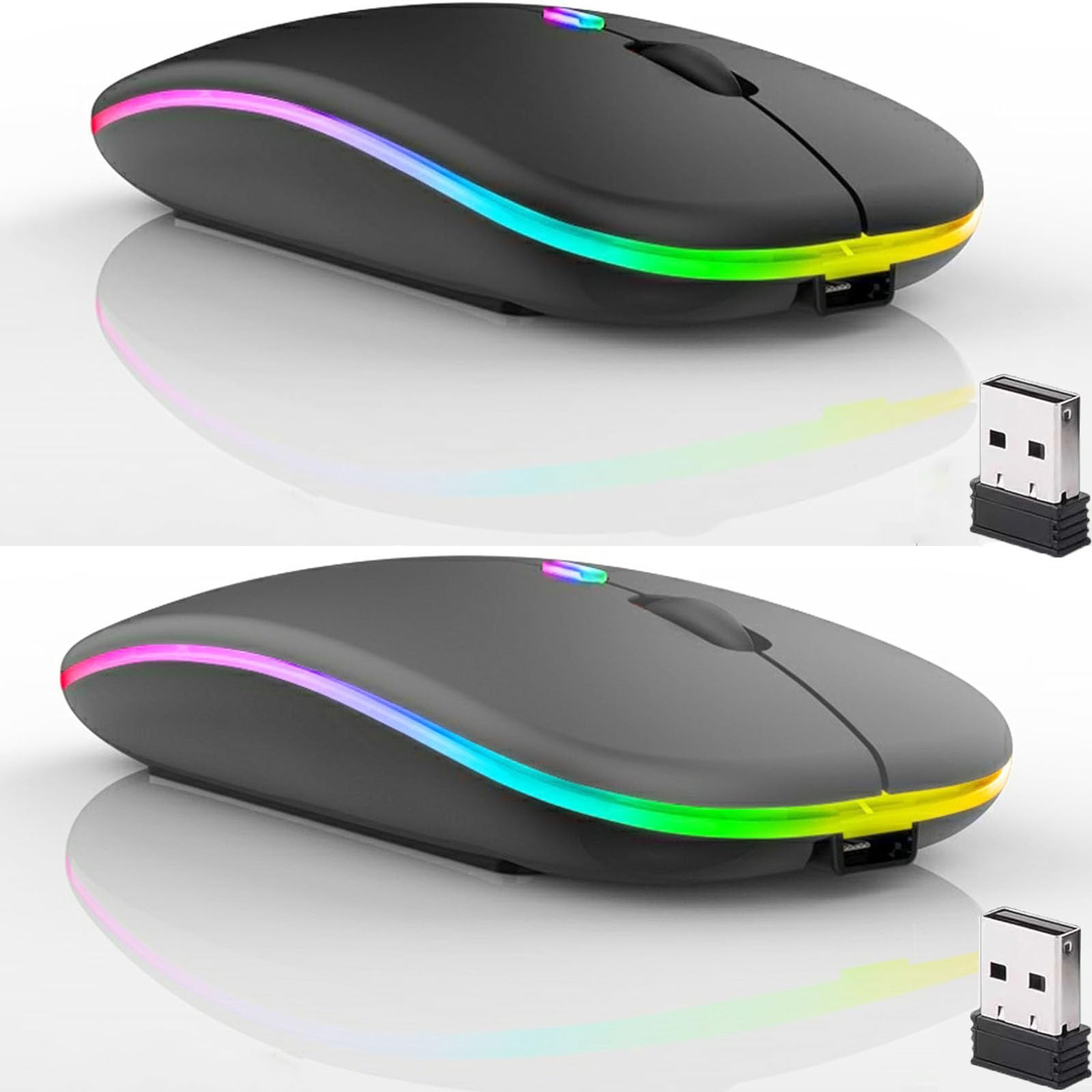 2 Pack Wireless Bluetooth Mouse,LED Dual Mode Rechargeable Silent Slim Laptop Mouse,Portable(BT5.2+USB Receiver) Dual Mode Computer Mice,for Laptop,Desktop Computer,Tablet,Phone,TV (Black+Grey)