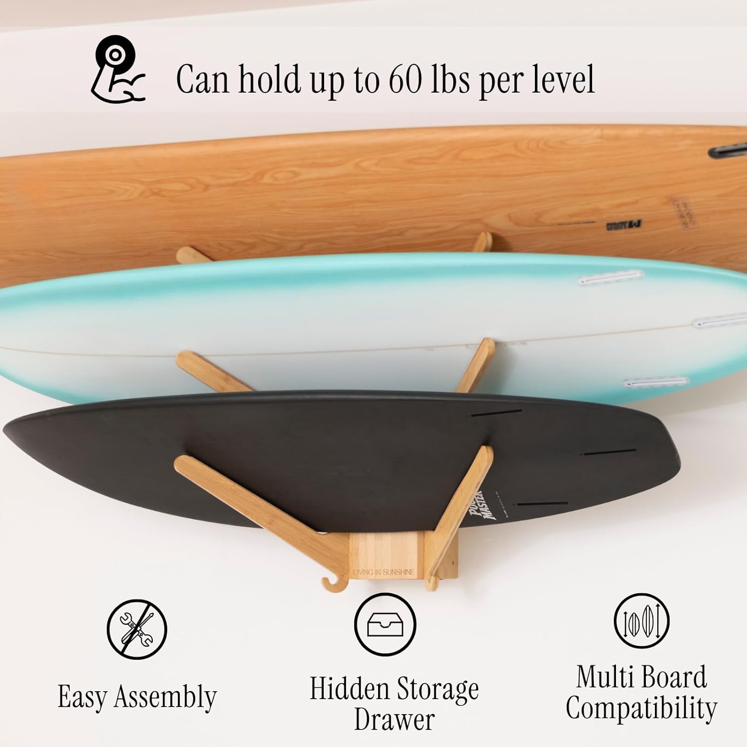 LISS The Sun Rack - Premium Wood Surfboard Wall Mount Rack Display, Ski, Snowboard Holder for 4 Boards for Garage & Home Storage with Built-In Drawer & Hooks for Longboards Shortboards, Wakeboards