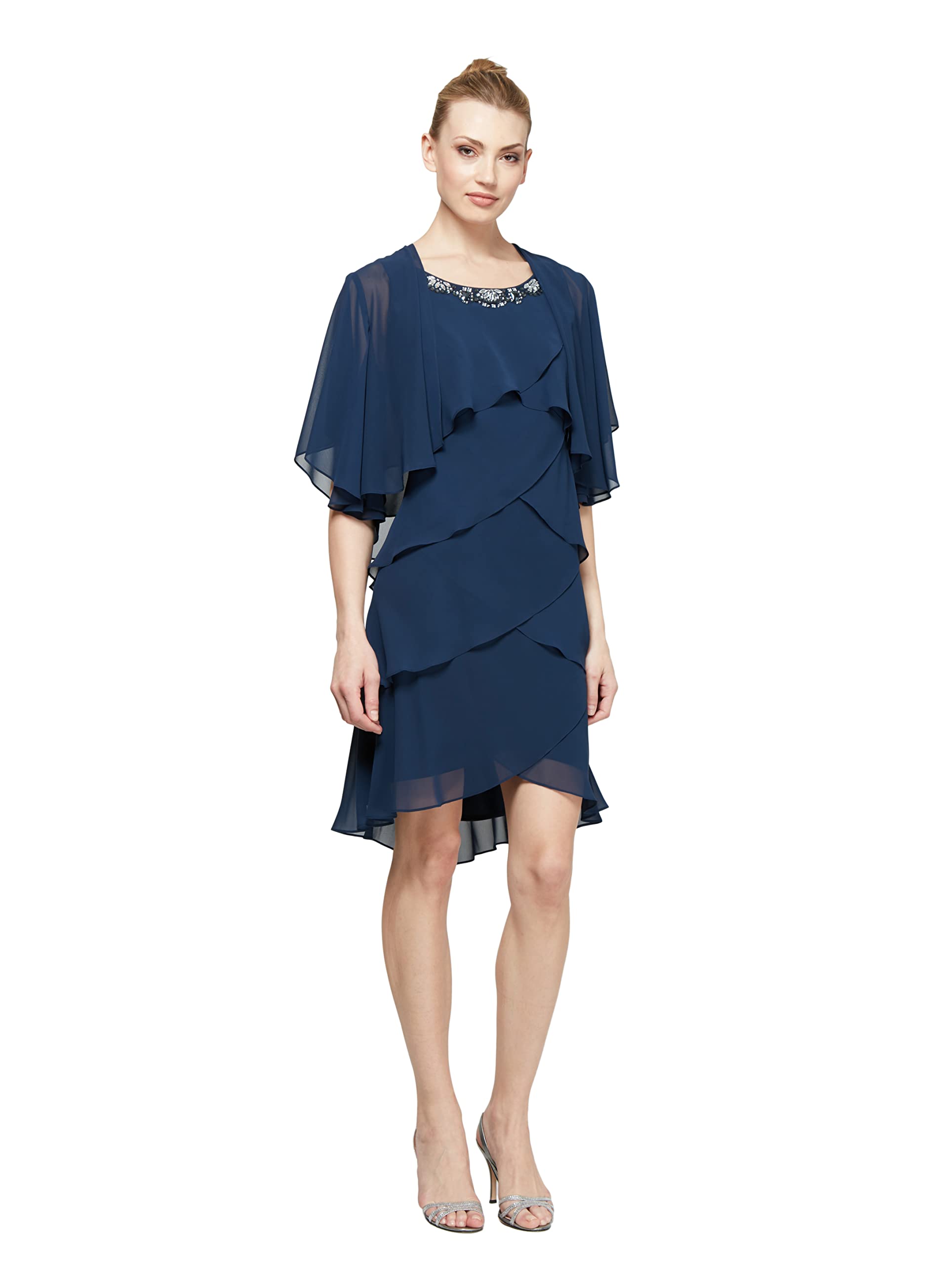 S.L. FashionsWomen's Chiffon Tier Jacket Dress with Bead Neck, Navy, 12