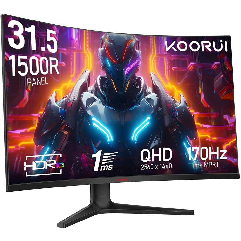 KOORUI 31.5-Inch Gaming Curved Monitor, QHD 2560 x 1440, 170Hz, 1ms, sRGB 100% Color Gamut, HDR10, 1500R Curvature, Tilt Adjustable, DisplayPort, HDMI, Eye Protection, Adaptive sync - 32E6QC