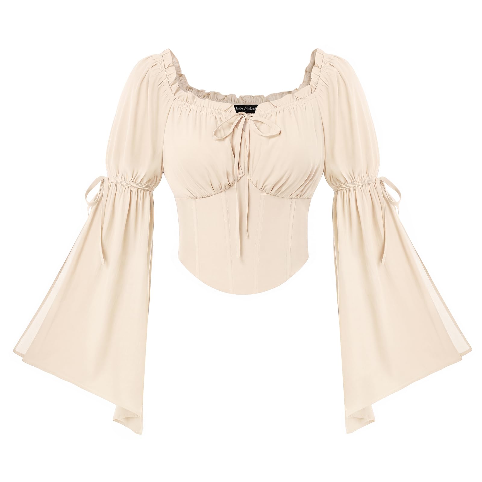 SCARLET DARKNESS Damen Renaissance Corset Top Langarm Korsett Piraten Bluse | Schulterfreies Oberteil, Glockenärmel mit Schlitz, Gesmokte Taille, Korsett Oberteil, Mittelalter Kleidung, Piratenkostüm
