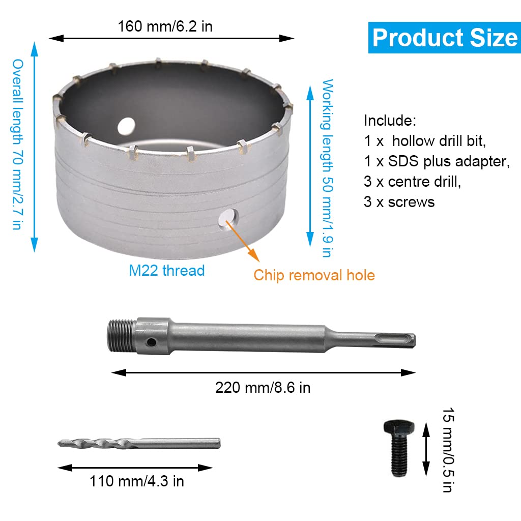 65MM holle boorkroon set met SDS plus adapter 220mm en centreerboor 8x110mm, boorkroon stopcontact voor metselwerk en beton