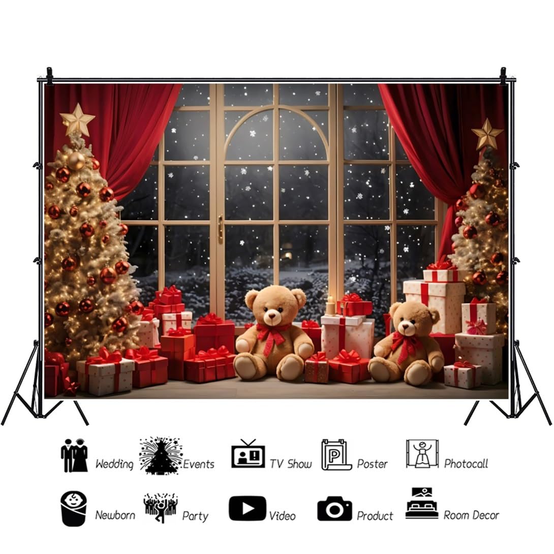 YongFoto 3x2,5m Finestra invernale Fondali fotografici Interni Albero di Natale Regalo Giocattolo di La Finestra Natale Notte silenziosa Sfondo Tema familiare Foto Studio Spara oggetti di scena