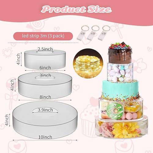 Miniatura 2 de Soporte de acrílico transparente para tartas de bodas 3 piezas redondas de cumpleaños rellenables soportes para tartas para fiesta con luces LED -