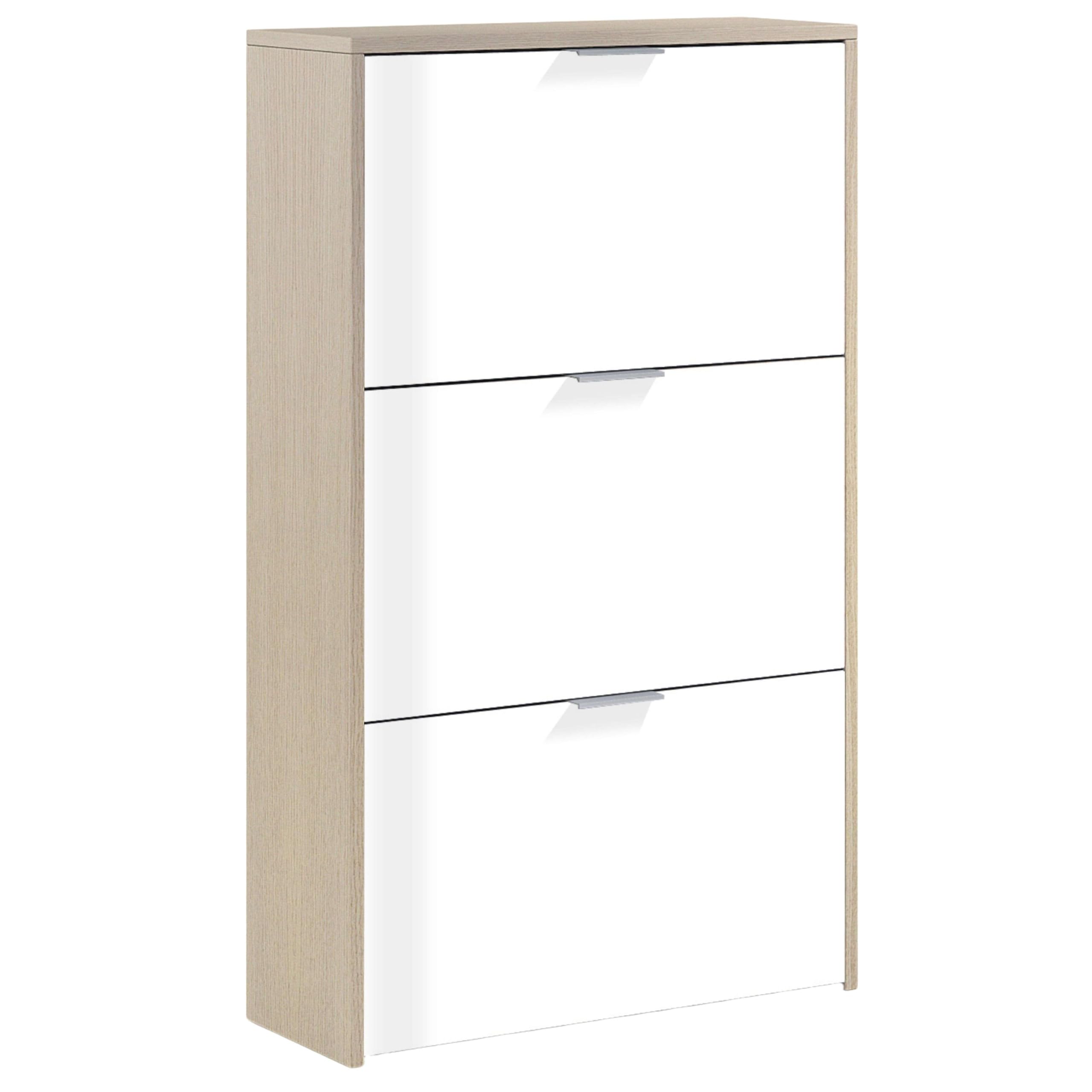 Habitdesign Zapatero 3 Puertas, Zapatero Estrecho, Acabado en Color Blanco Brillo y Roble Canadian, Medidas: 60 cm (Largo) x 113 cm (Alto) x 22 cm (Fondo)