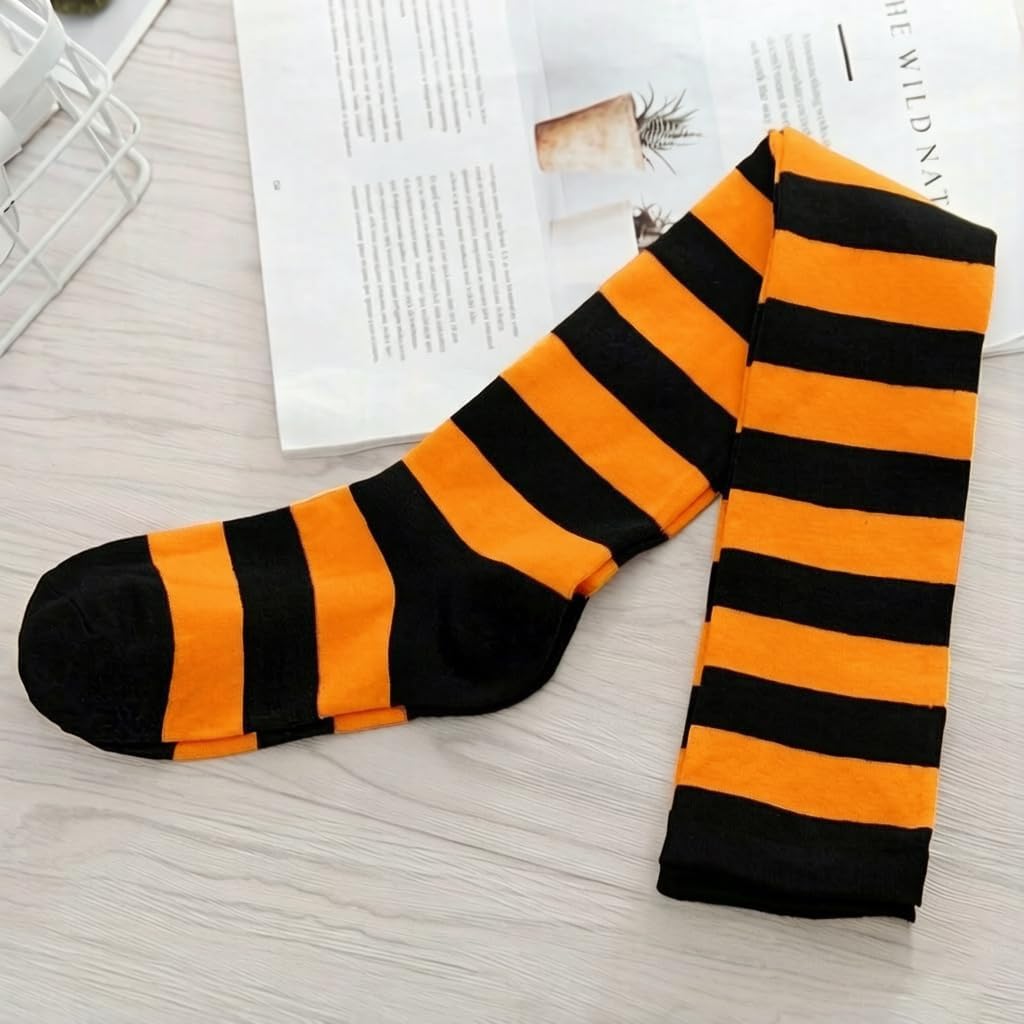 Women's Striped Over Knee Thigh High Socks, Arm Warmer Fingerless Gloves Set for Halloween Christmas