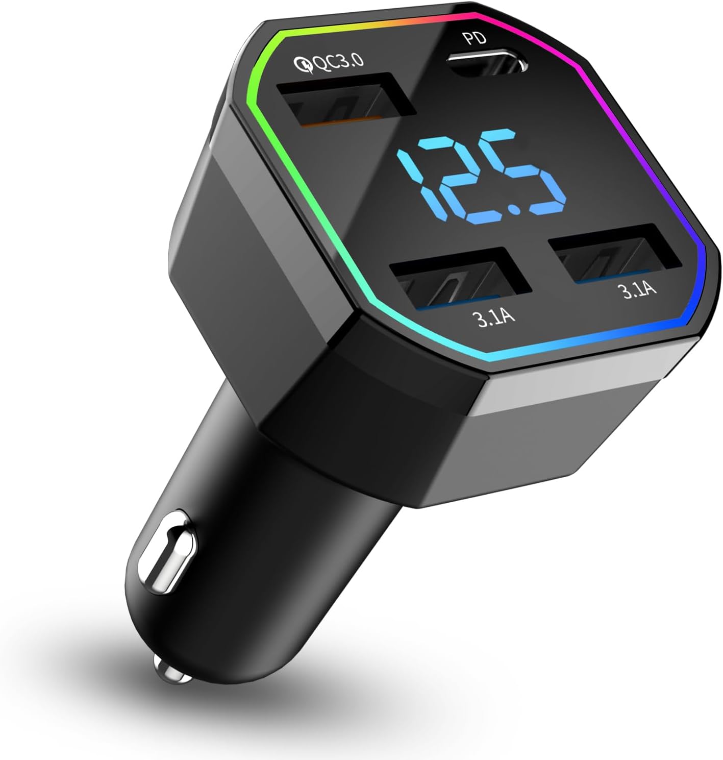 4 Port USB Car Charger Adapter, GemCoo 68W PD & QC3.0 Cigarette Lighter USB Charger with LED Voltmeter 12V Fast Car Charger Compatible with iPhone, Android, Samsung, iPad Pro