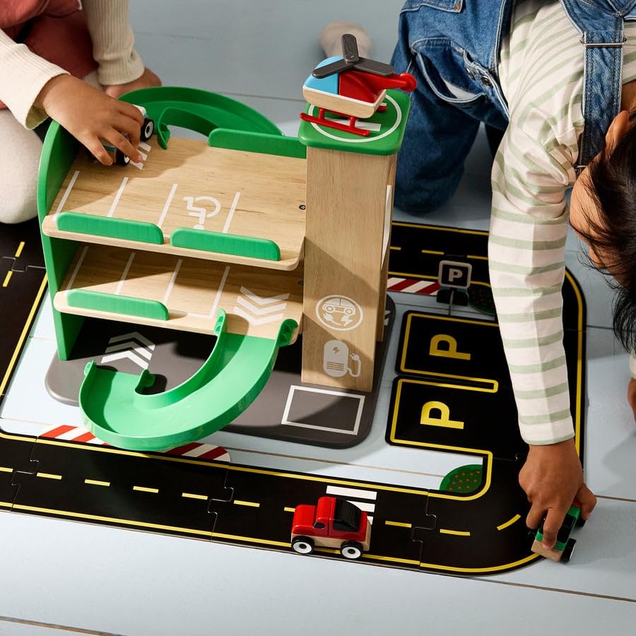 Image of LILLABO Garage Playset with Car and Helicopter, Multicolour Wooden Toy Set for Kids, Includes Parking Garage, Vehicles & Helipad, Encourages Imaginative Play and Motor Skills