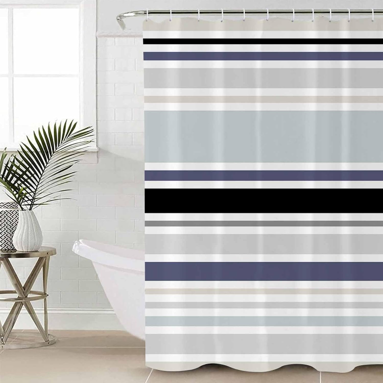 Shower Curtains for Bathroom Accessories, Gray Light Blue Striped Polyester Fabric Bathtub Curtain with 12 Hooks, Abstract Art Rustic Stripes Waterproof Shower Curtains 72 x 72 Inches