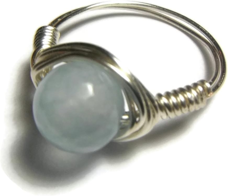 Light Blue Jade Ring - Silver Wire Wrapped Ring for Women Jewelry - US Size 7