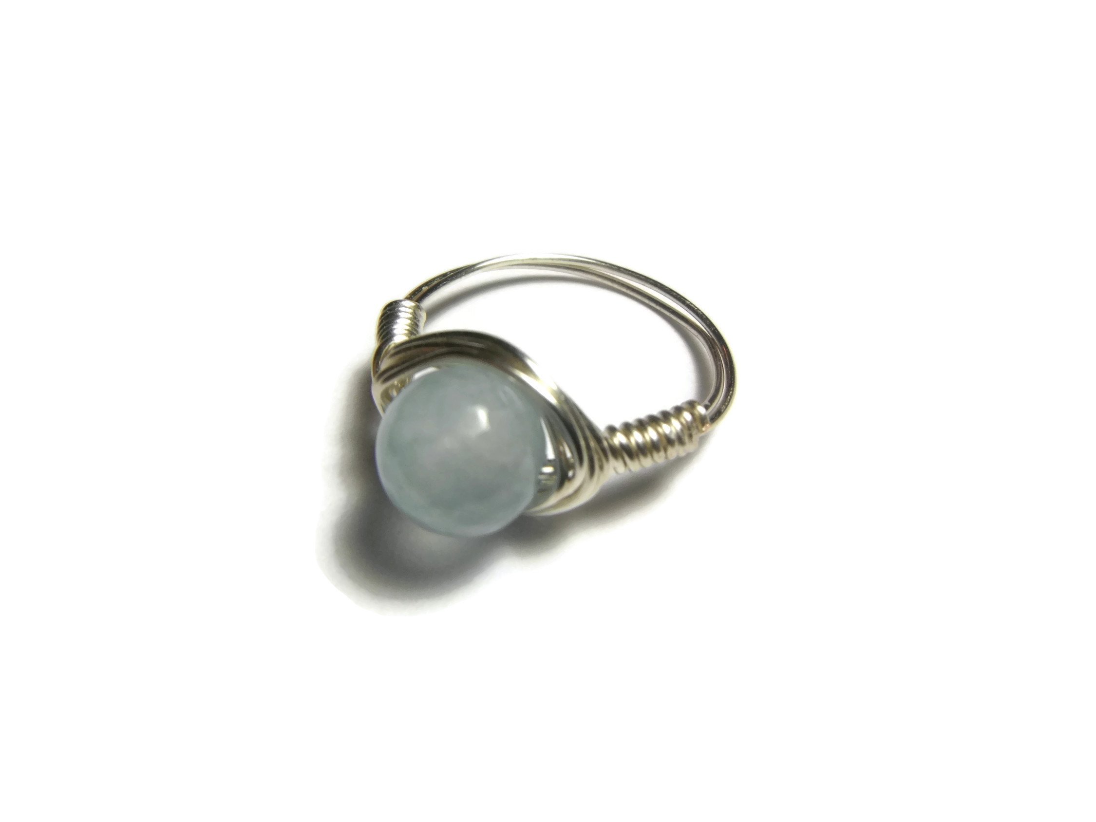 Light Blue Jade Ring - Silver Wire Wrapped Ring for Women Jewelry - US Size 7