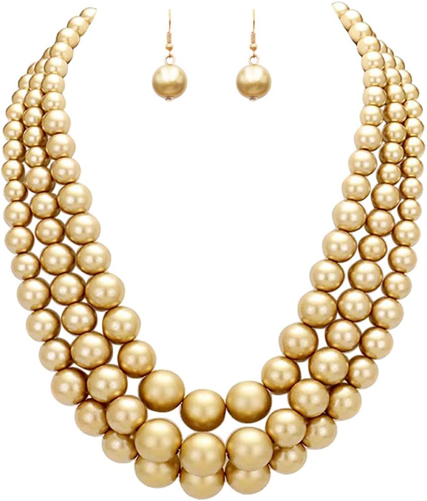 Rosemarie & Jubalee Women's 3 Colorful Multi Strands Simulated Pearl Necklace And Earrings Jewelry Gift Set, 18"+3" Extender