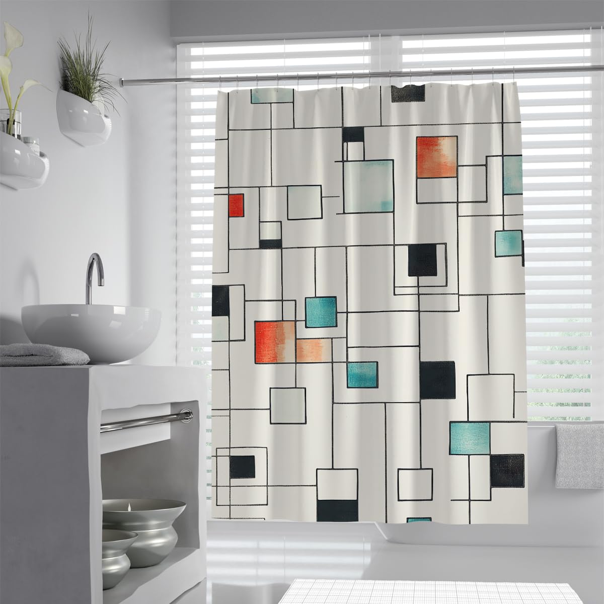 UIRINGART Abstract Geometric Shower Curtain W180xL180cm Mid Century Grid Red Teal Black Polyester Mildew Resistant Washable Home Hotel Bathroom Screen With Hook