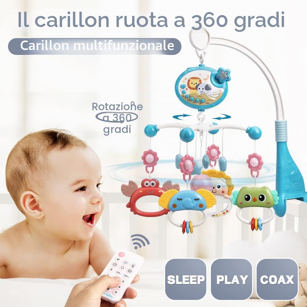 Mini Tudo Bambino Mobile per Culla con Proiezione di Stelle e Funzione di Cronometraggio,Telecomando Scatola Musicale con Muisc e Night Lights,Sonagli Rotanti Giocattolo per neonati 0-24 mesi