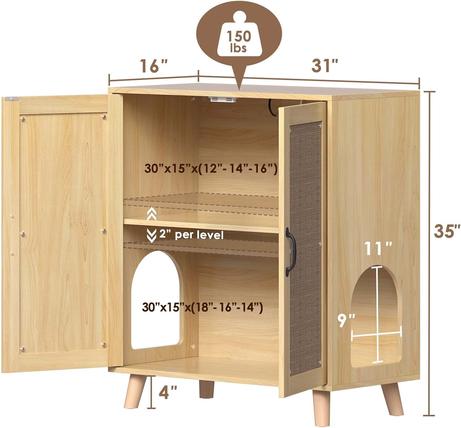 Lovinouse Cat Litter Box Enclosure Furniture, Wooden Cat Washroom with Removable Divider, Cat