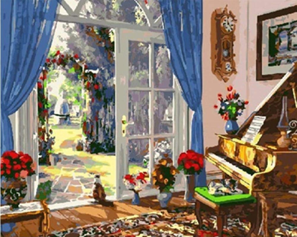 Kit peinture par numéro paysage de jardin et piano pour déco murale