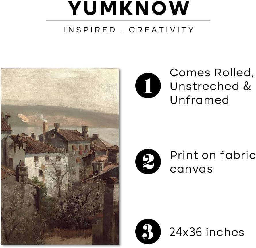 Rustic Farmhouse Wall Art Decor - Unframed Rolled 24x36 - Art Deco Pictures for Bathroom - French Country Kitchen Print Poster - Autumn Fall Lake Town Building - Neutral Aesthetic Vintage CottageCore