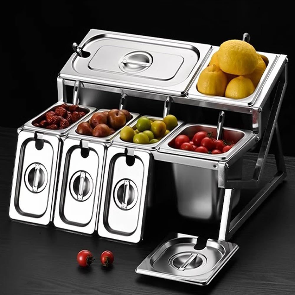 Soporte de cocina de acero inoxidable de 10 sartenes Set organizador de especias con tapas cucharas, 2 fila encimera inclinada estante de condimento, contenedores buffet titular para
