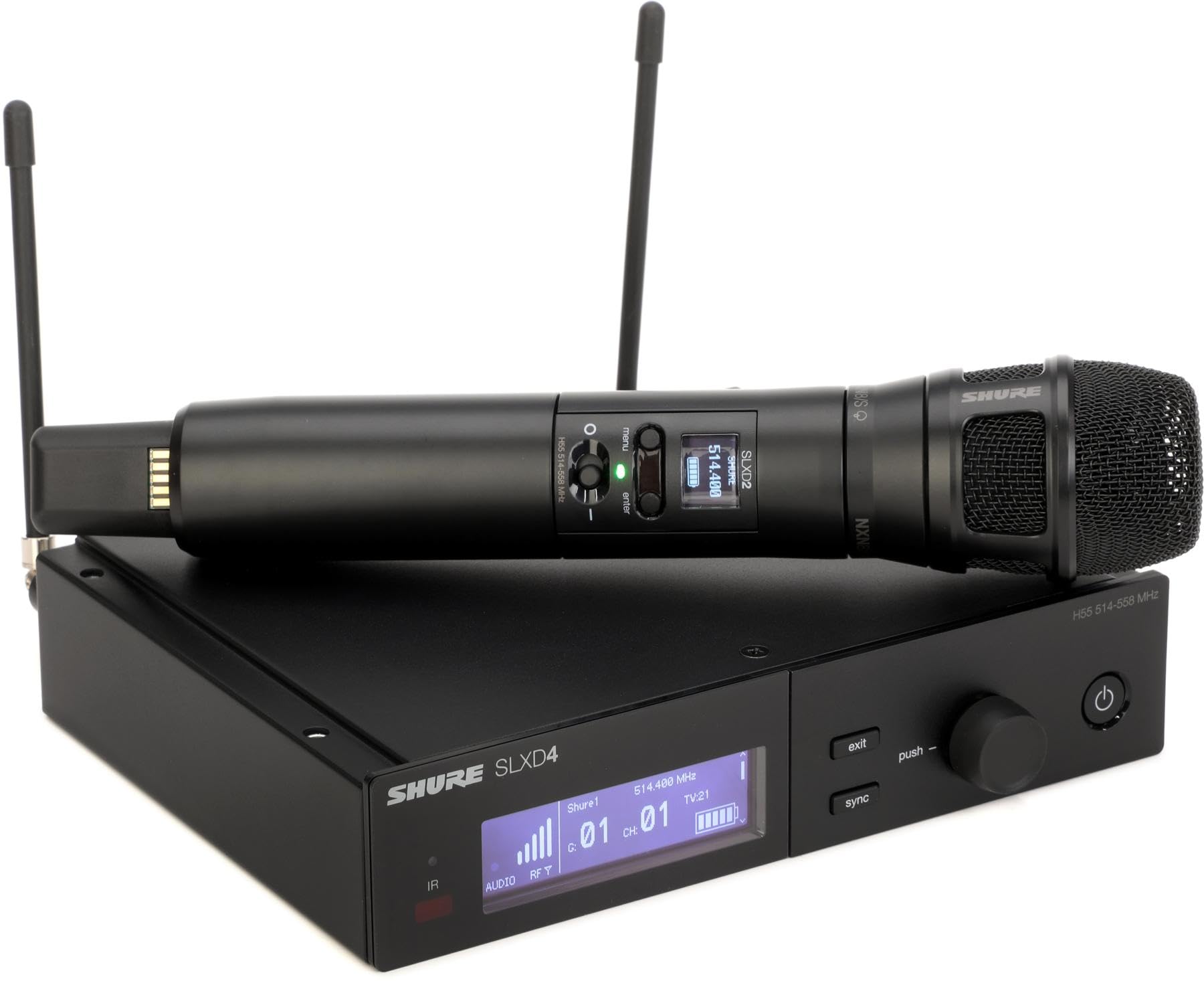 Shure SLXD24/N8SB Wireless Microphone System - Includes SLXD2 Handheld Transmitter with Nexadyne 8/S Black Vocal Mic Capsule and SLXD4 Single Channel Rack Mount Receiver | H55 Band (SLXD24/N8SB-H55)