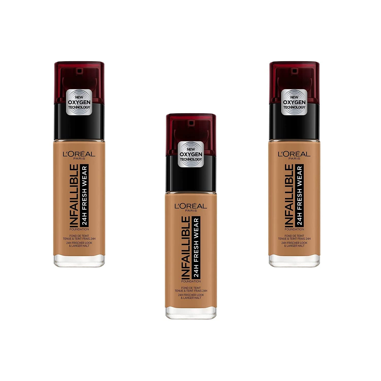 L'Oréal Paris Fond de Teint Fluide Infaillible 24h Fresh Wear - Tous Types de Peaux - 330 Noisette, Lot de 3 (3 x 30 ml)