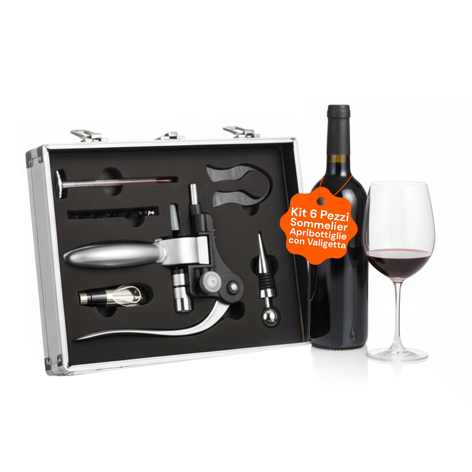 Avilia Set Apribottiglie Vino con Valigetta Sommelier 6 Pezzi, Cavatappi Professionale, Accessori Vino per Stappare e Servire, Idea Regalo per Sommelier e Uomo, Elegante e Funzionale