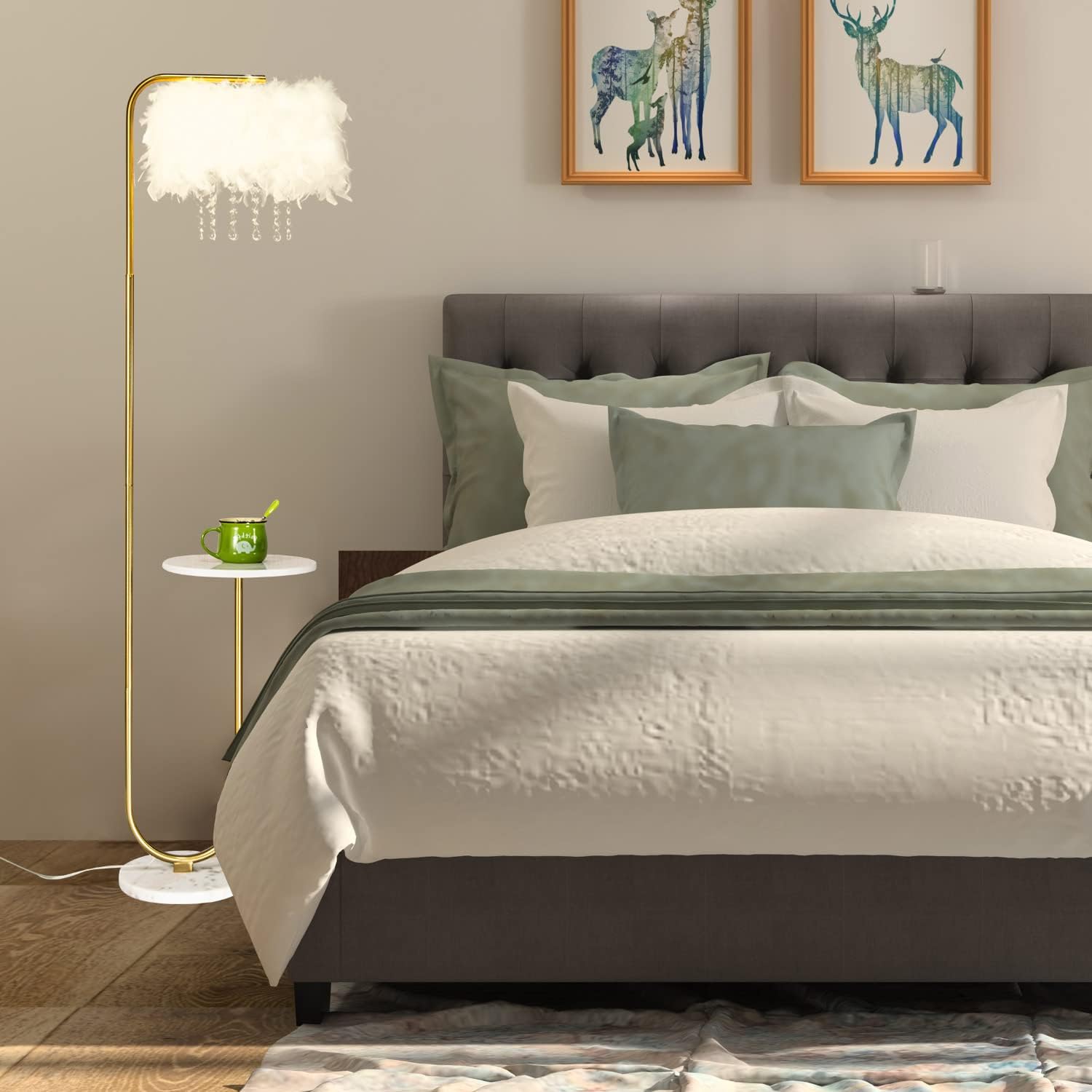 beaysyty Unique Led White Feather Floor Lamp with Tray,Ostrich Feather Stand Lamp,Living Room Bedroom Office Shop Window Decoration Lamp,Foot Switch and Brass/Gold Finish Arc Floor Lamp