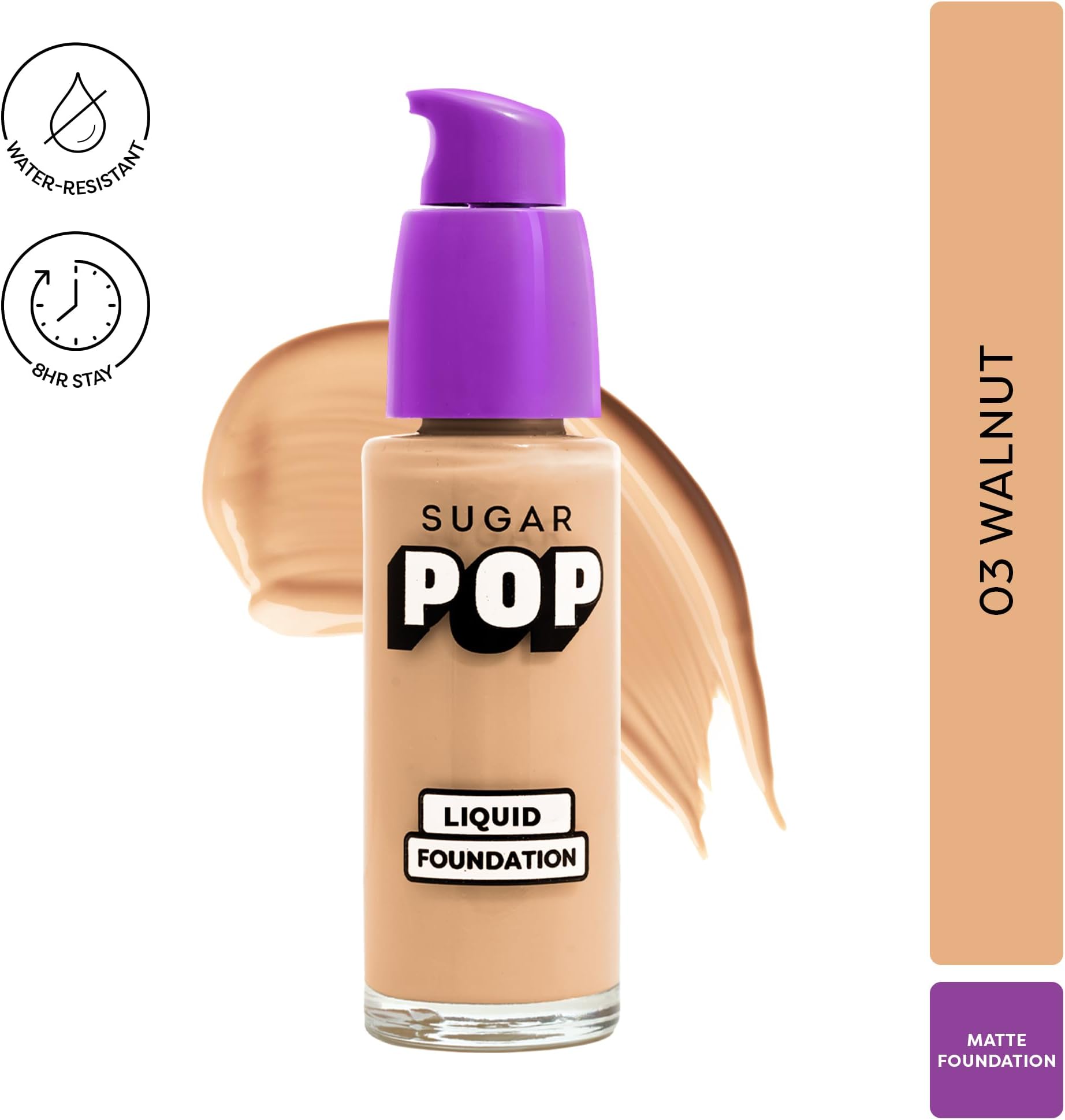 SUGAR POP Liquid Foundation - 03 Walnut - 30 ml | Water Resistant | Lasts Upto 10 Hrs | Super Matte | Full Coverage