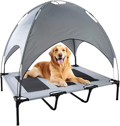 Miniatura 7 de Cama elevada impermeable para perros con toldo y malla de refrigeración – Cuna elevada portátil para perros grandes, tienda de campaña para