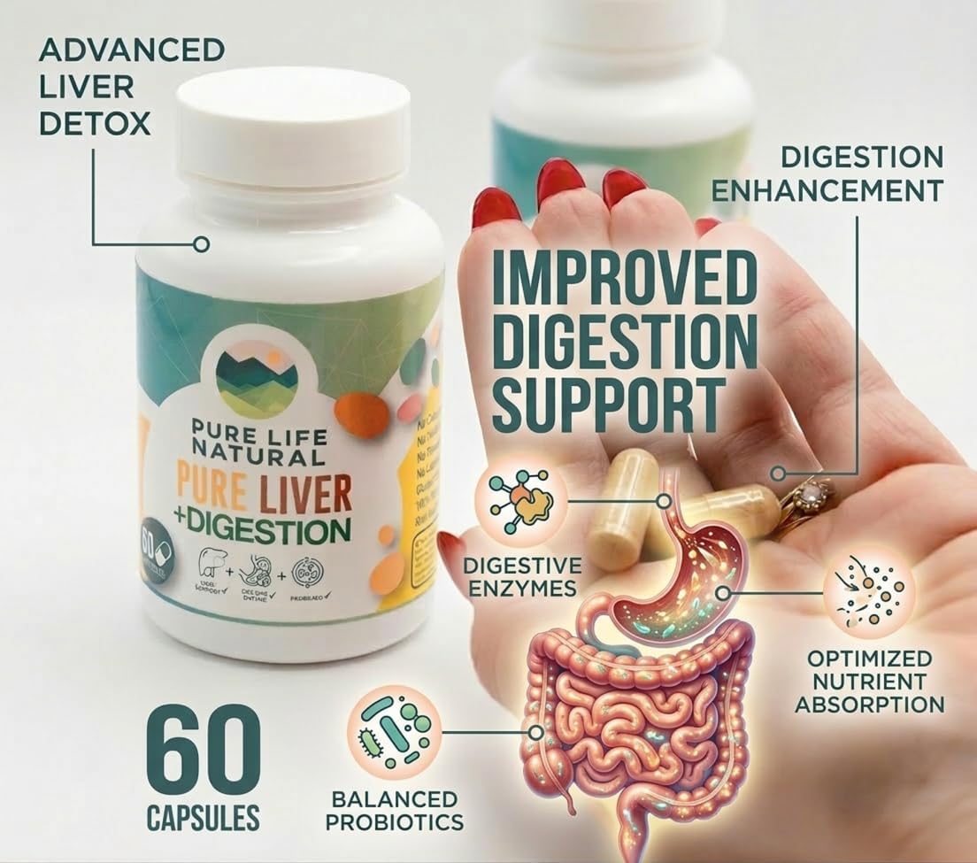Pure Liver + Digestion by Haidy Cruz - Advanced Liver Support & Daily Digestive Formula - with Milk Thistle, NAC & Artichoke - 13 Strain Probiotic & Enzyme Blend - 60 Capsules
