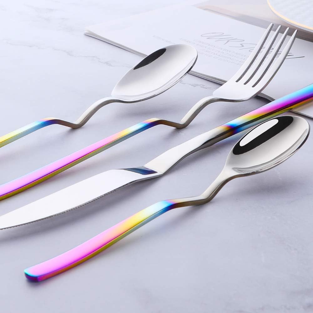 Silverware Sets 16 Pieces Stainless Steel Heavy Flatware Cutlery Set for 4 for Kitchen Utensils Forks and Spoons Gradient Rainbow