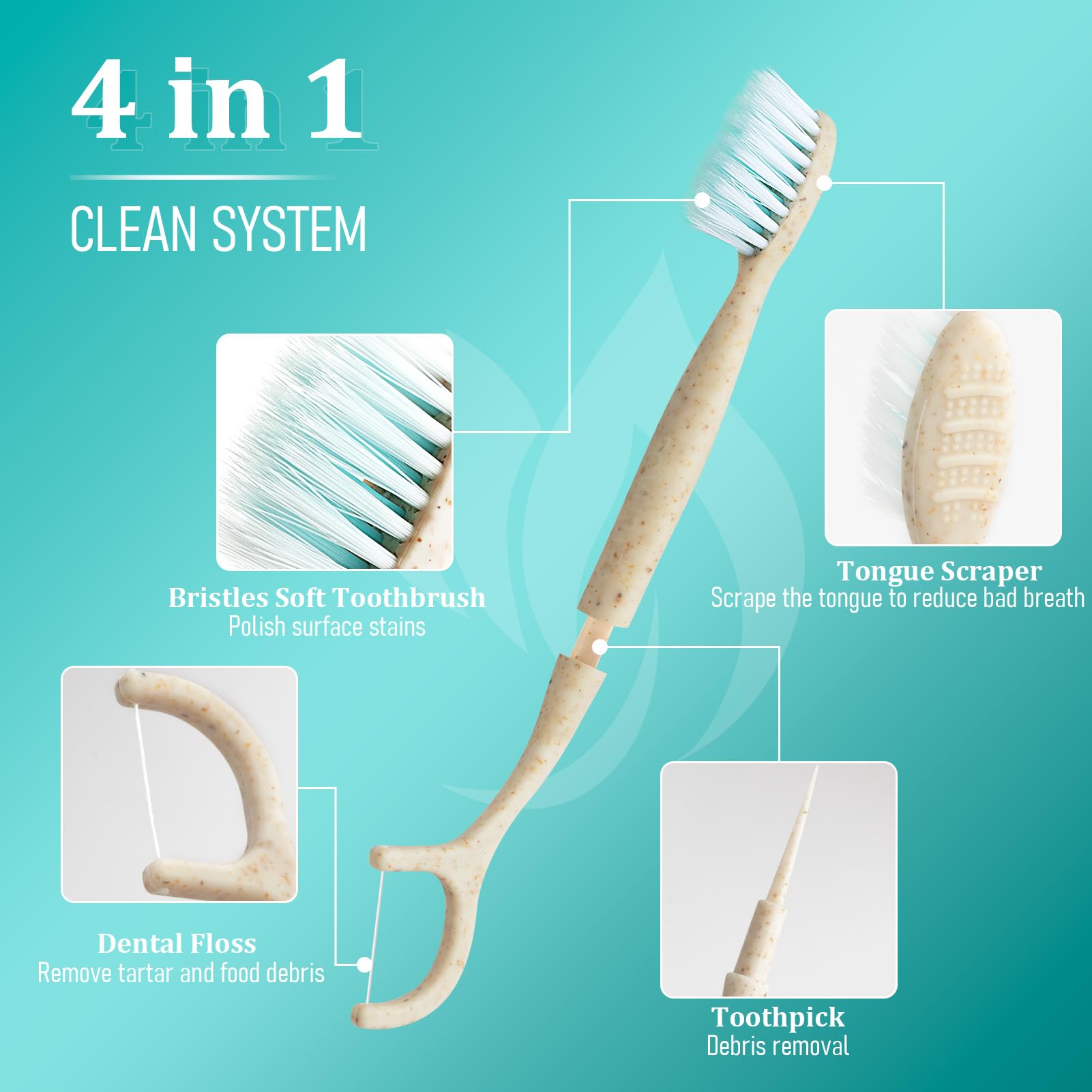 NUDUKO Cepillo de dientes de viaje, púas de hilo dental – 4 en 1 biodegradables desechables con raspador de lengua, cepillo de dientes ecológico envuelto individualmente para adultos y niños, cuidado