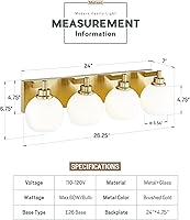 Vista 4 de Bathroom Light Fixtures, 4 Light Brushed Gold Vanity Light, 26 Inch Modern Wall Sconces with Globe Milk White Glass Shade, Vanity Lighting Fixtures